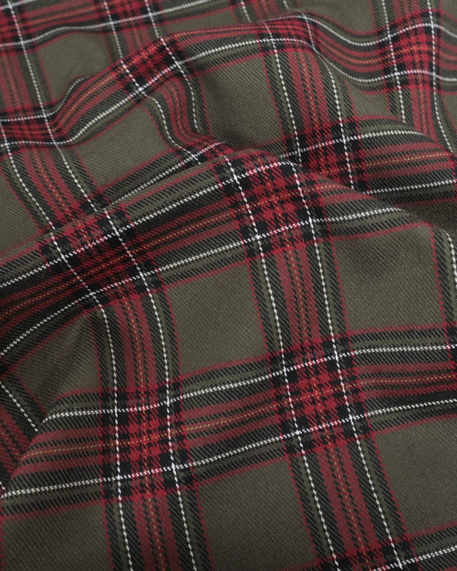 Tissu Tartan Ecossais Stretch Kaki et Rouge - Mercerine