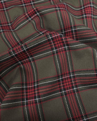 Tissu Tartan Ecossais Stretch Kaki et Rouge - Mercerine