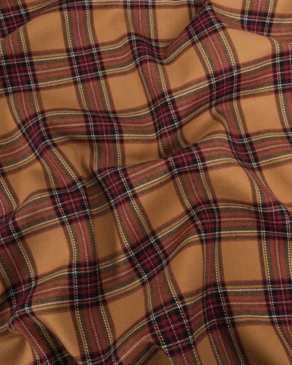 Tissu Tartan Ecossais Stretch Camel et Bordeaux - Mercerine