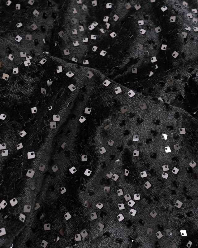 Tissu Sequins Carrés Sur Velours Noir Ton sur Ton - Mercerine