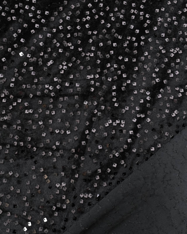 Tissu Sequins Carrés Sur Velours Noir Ton sur Ton - Mercerine