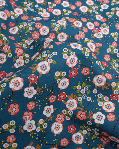Tissu Percale de Coton Pétrole Motif Fleuri Japonisant - Mercerine