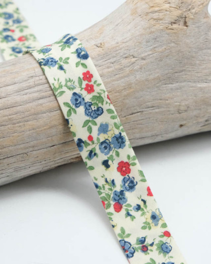 Biais Fleurs Bleues et Rouges - 18mm - Mercerine