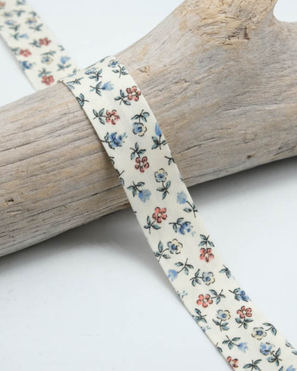 Biais Fleuri Bleu et Corail - 18mm - Mercerine