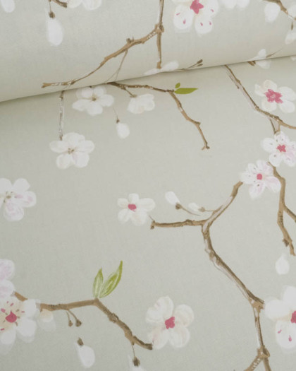 Toile de Coton Fleurs Japonisantes Vert Sauge - Mercerine