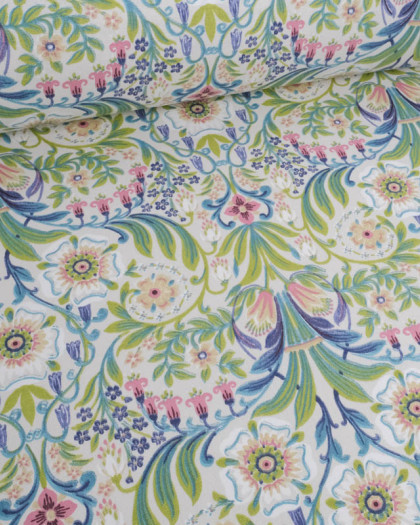 Toile de Coton Motif Floral Bleu et Vert Fond Greige - Mercerine