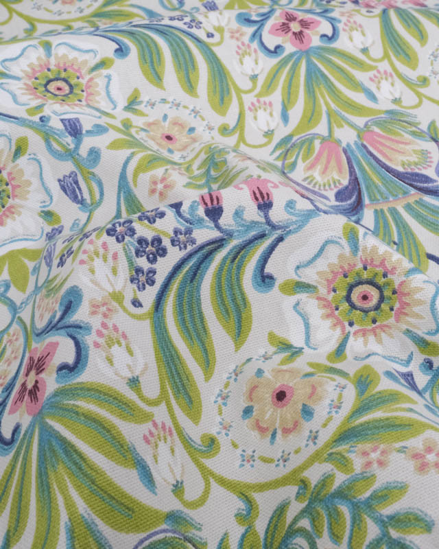 Toile de Coton Motif Floral Bleu et Vert Fond Greige - Mercerine