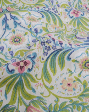 Toile de Coton Motif Floral Bleu et Vert Fond Greige - Mercerine