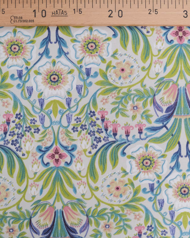 Toile de Coton Motif Floral Bleu et Vert Fond Greige - Mercerine