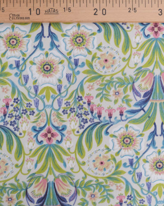 Toile de Coton Motif Floral Bleu et Vert Fond Greige - Mercerine