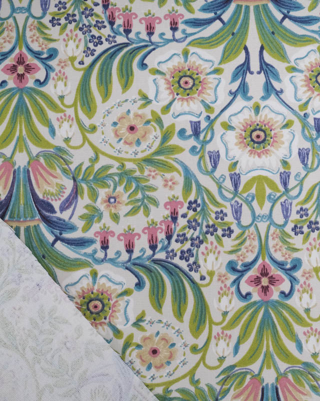 Toile de Coton Motif Floral Bleu et Vert Fond Greige - Mercerine