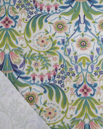 Toile de Coton Motif Floral Bleu et Vert Fond Greige - Mercerine