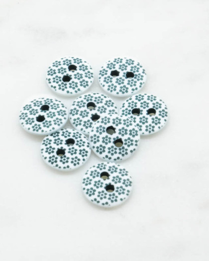 Bouton motif fleur vert canard 2 trous 12mm - Mercerine