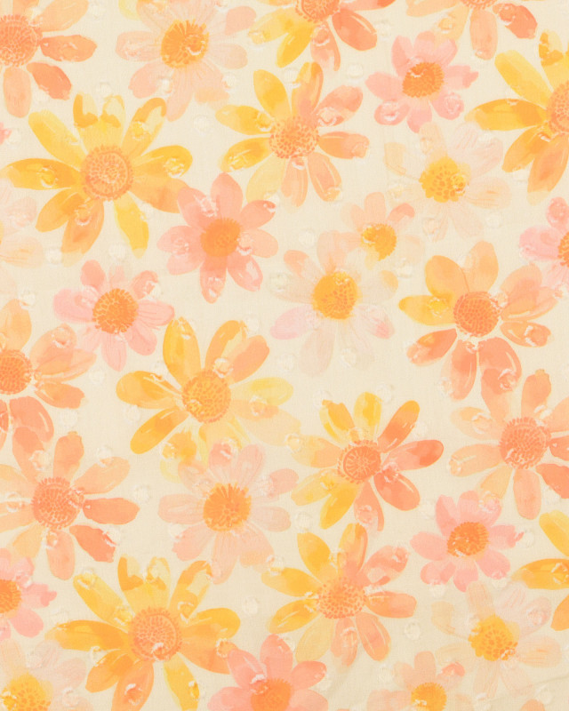 Voile de Coton Fleuri Plumetis Rose Orange - Mercerine