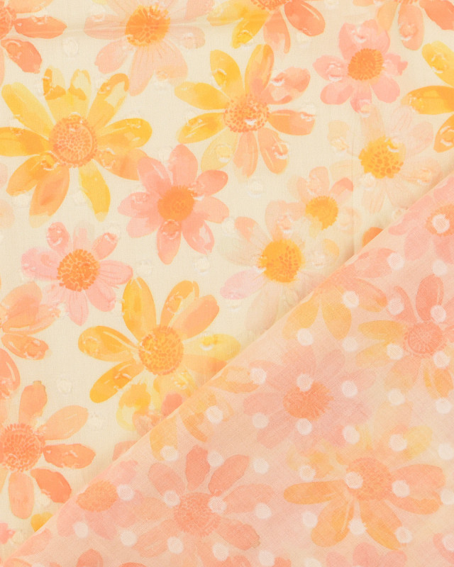 Voile de Coton Fleuri Plumetis Rose Orange - Mercerine