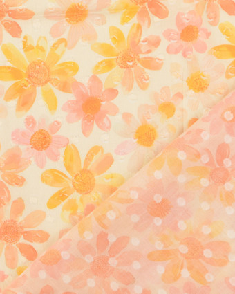 Voile de Coton Fleuri Plumetis Rose Orange - Mercerine