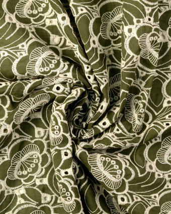 Tissu Coton Fleurs Brodées Vert Kaki - Mercerine