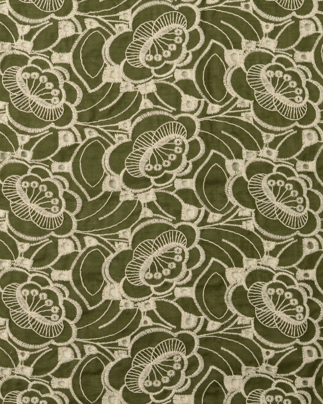 Tissu Coton Fleurs Brodées Vert Kaki - Mercerine