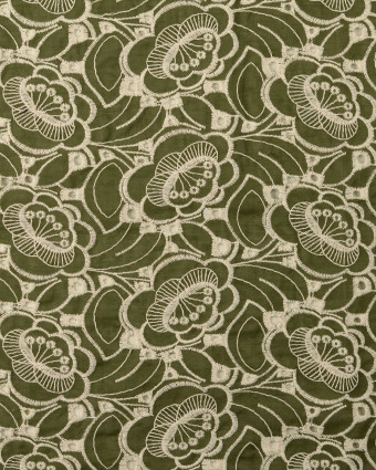 Tissu Coton Fleurs Brodées Vert Kaki - Mercerine