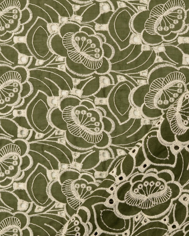 Tissu Coton Fleurs Brodées Vert Kaki - Mercerine