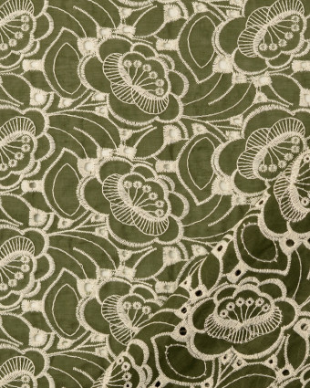 Tissu Coton Fleurs Brodées Vert Kaki - Mercerine