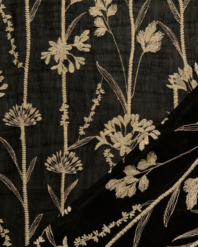 Voile de Lyocell Mélangé Motif Floral Bordé Noir - Mercerine