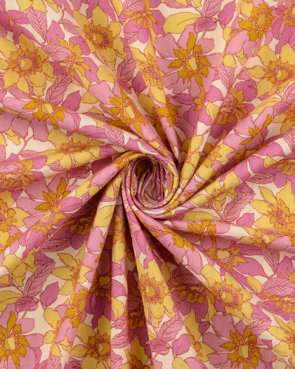 Tissu Coton Gaufré Fleuri Rose et Jaune - Mercerine