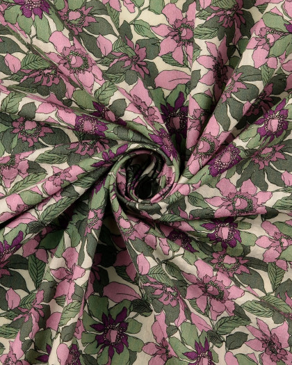 Tissu Coton Gaufré Fleuri Vert et Mauve - Mercerine