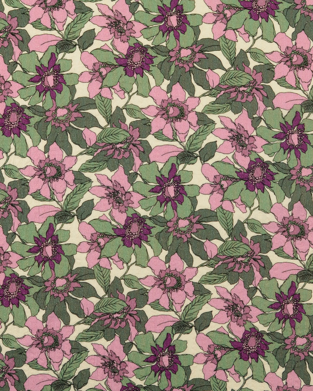 Tissu Coton Gaufré Fleuri Vert et Mauve - Mercerine