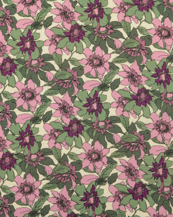 Tissu Coton Gaufré Fleuri Vert et Mauve - Mercerine