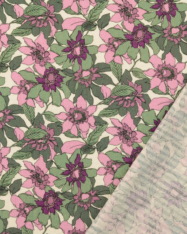 Tissu Coton Gaufré Fleuri Vert et Mauve - Mercerine