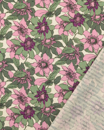 Tissu Coton Gaufré Fleuri Vert et Mauve - Mercerine