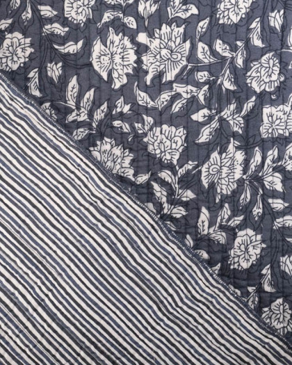 Tissu Matelassé Indien Motif Fleuri Bleu Gris - Mercerine