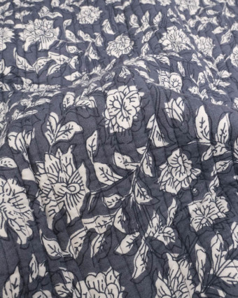 Tissu Matelassé Indien Motif Fleuri Bleu Gris - Mercerine