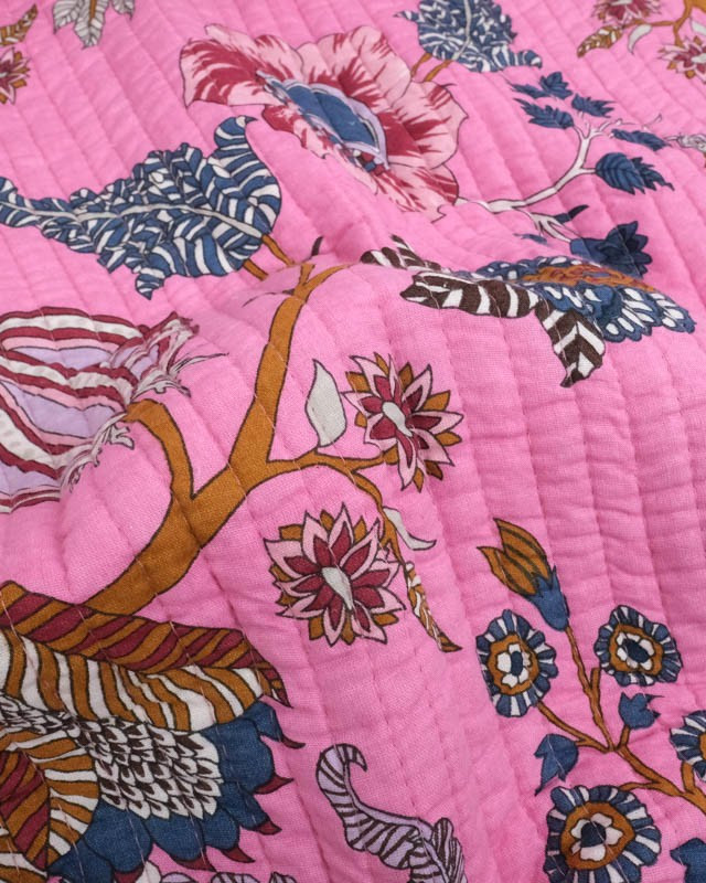 Tissu Matelassé Indien Motif Floral Rose Bonbon - Mercerine