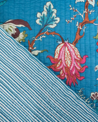 Tissu Matelassé Indien Motif Floral Turquoise - Mercerine
