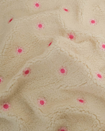 Tissu Sherpa Ecru Fleur Bordée Rose - Mercerine