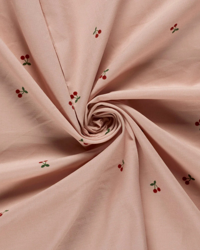 Tissu Velours Milleraies Rose Clair Motif Cerise - Mercerine