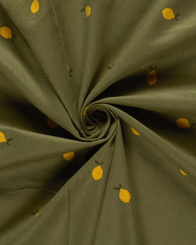 Tissu Velours Milleraies Vert Kaki Motif Citron - Mercerine