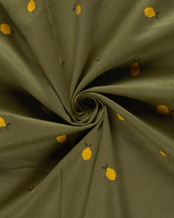 Tissu Velours Milleraies Vert Kaki Motif Citron - Mercerine