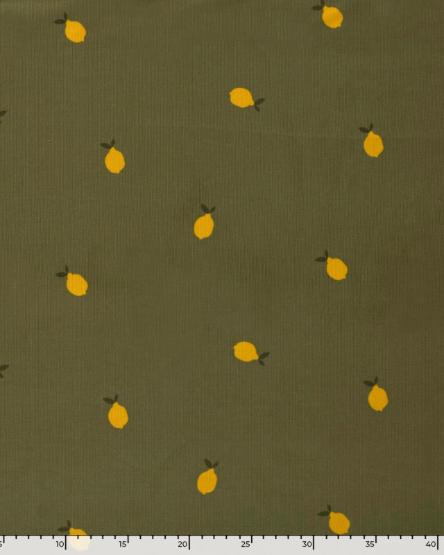 Tissu Velours Milleraies Vert Kaki Motif Citron - Mercerine