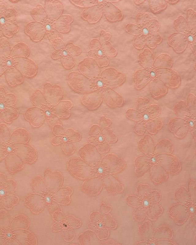 Tissu Coton Brodé Rose Corail Fleuri - Mercerine