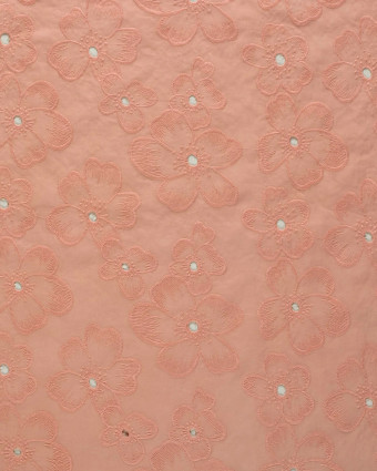 Tissu Coton Brodé Rose Corail Fleuri - Mercerine