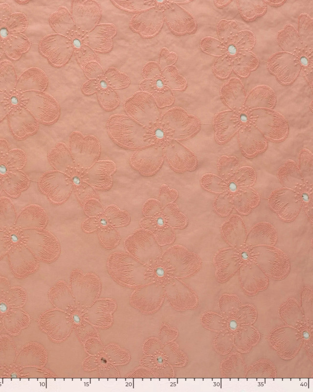 Tissu Coton Brodé Rose Corail Fleuri - Mercerine