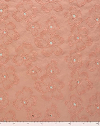 Tissu Coton Brodé Rose Corail Fleuri - Mercerine