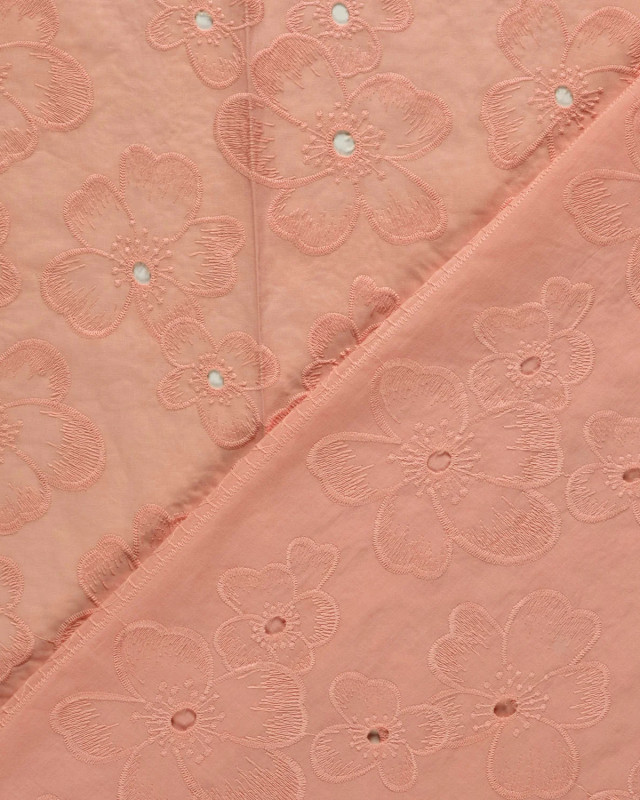 Tissu Coton Brodé Rose Corail Fleuri - Mercerine