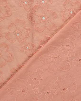 Tissu Coton Brodé Rose Corail Fleuri - Mercerine