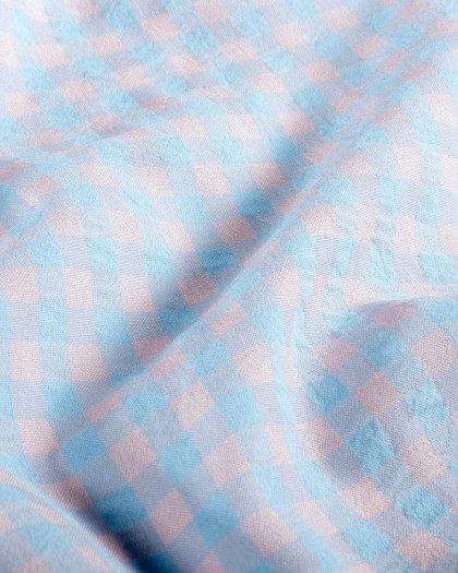 Tissu Seersucker Vichy Bleu Ciel Rose Nude - Mercerine