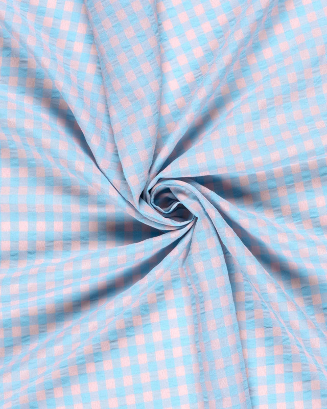Tissu Seersucker Vichy Bleu Ciel Rose Nude - Mercerine