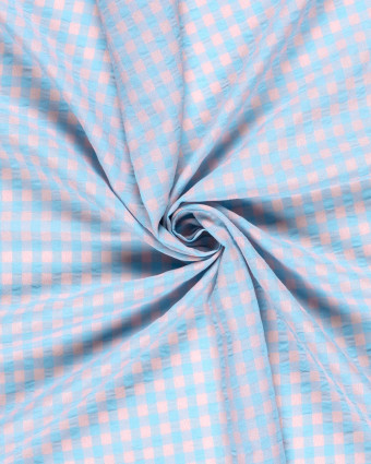 Tissu Seersucker Vichy Bleu Ciel Rose Nude - Mercerine